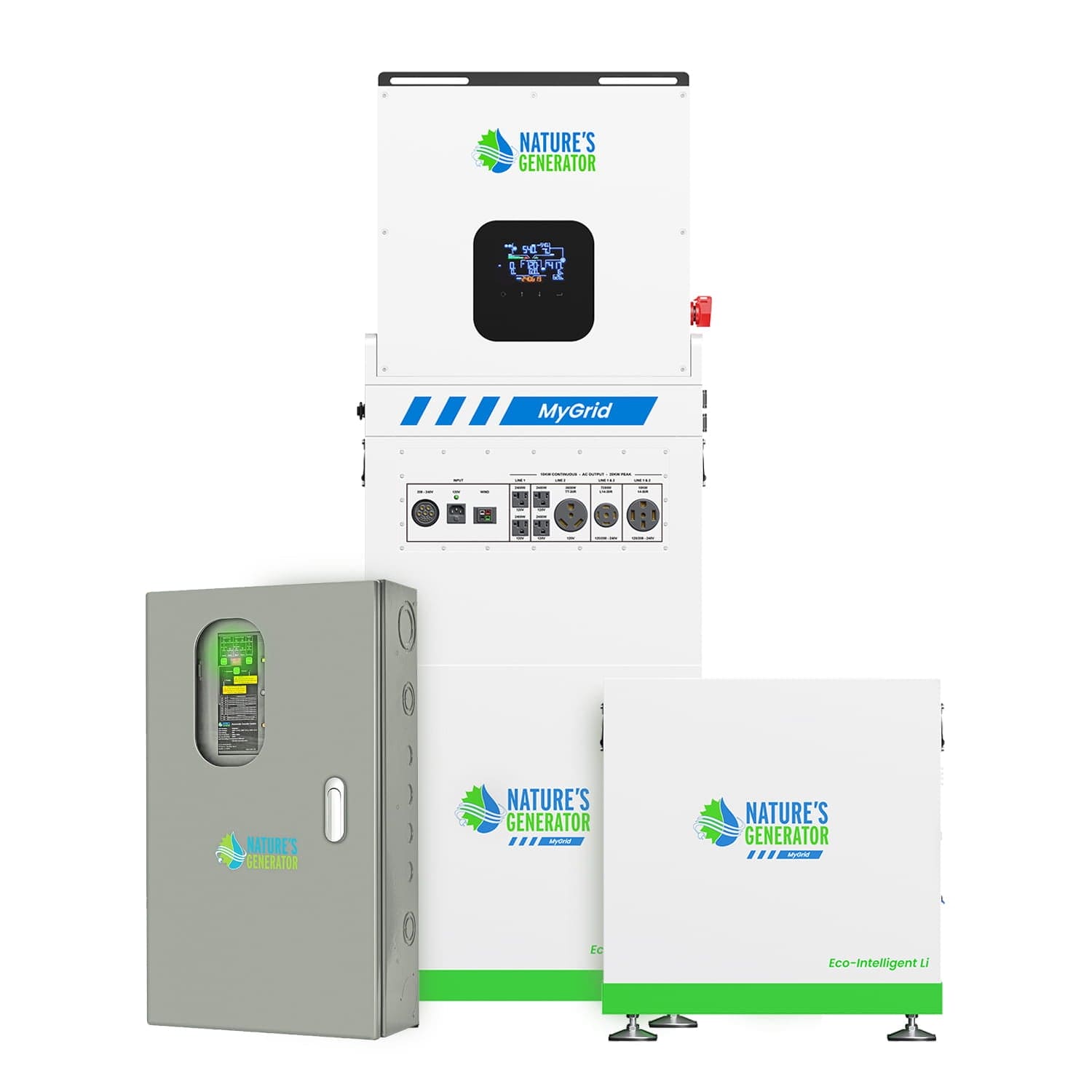 Three white and gray electrical units from Nature's Generator include a main unit with digital display and control panel featuring a 10kW expandable battery, plus two additional boxes labeled "Eco-Intelligent Li" and "MyGrid.