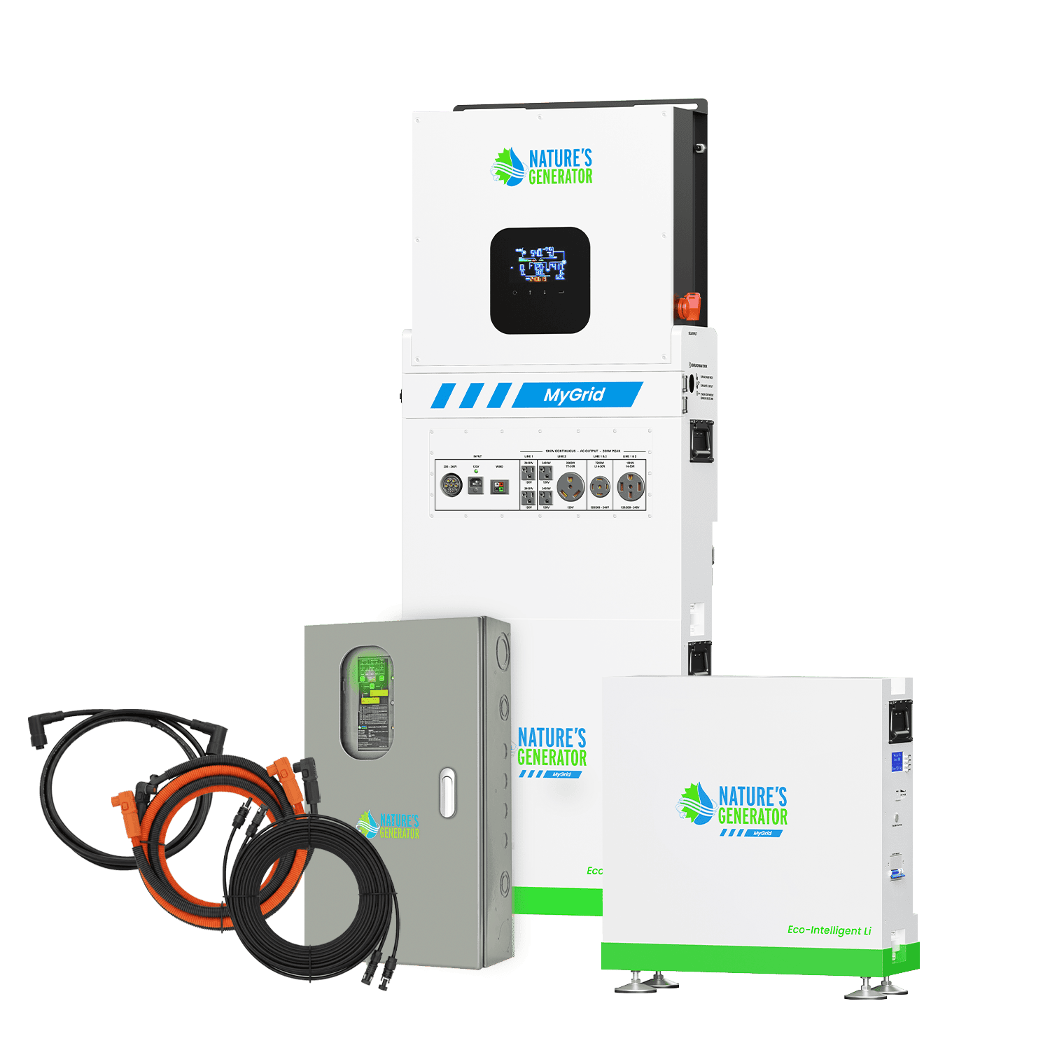 Nature's Generator solar power system kit includes a main power unit with digital display, two battery storage units for whole-home backup, control panel, and multiple cables—all from Nature's Generator.