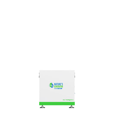 A white rectangular Nature's Generator device with green accents and two black legs stands against a plain background, designed for solar energy storage and home backup.