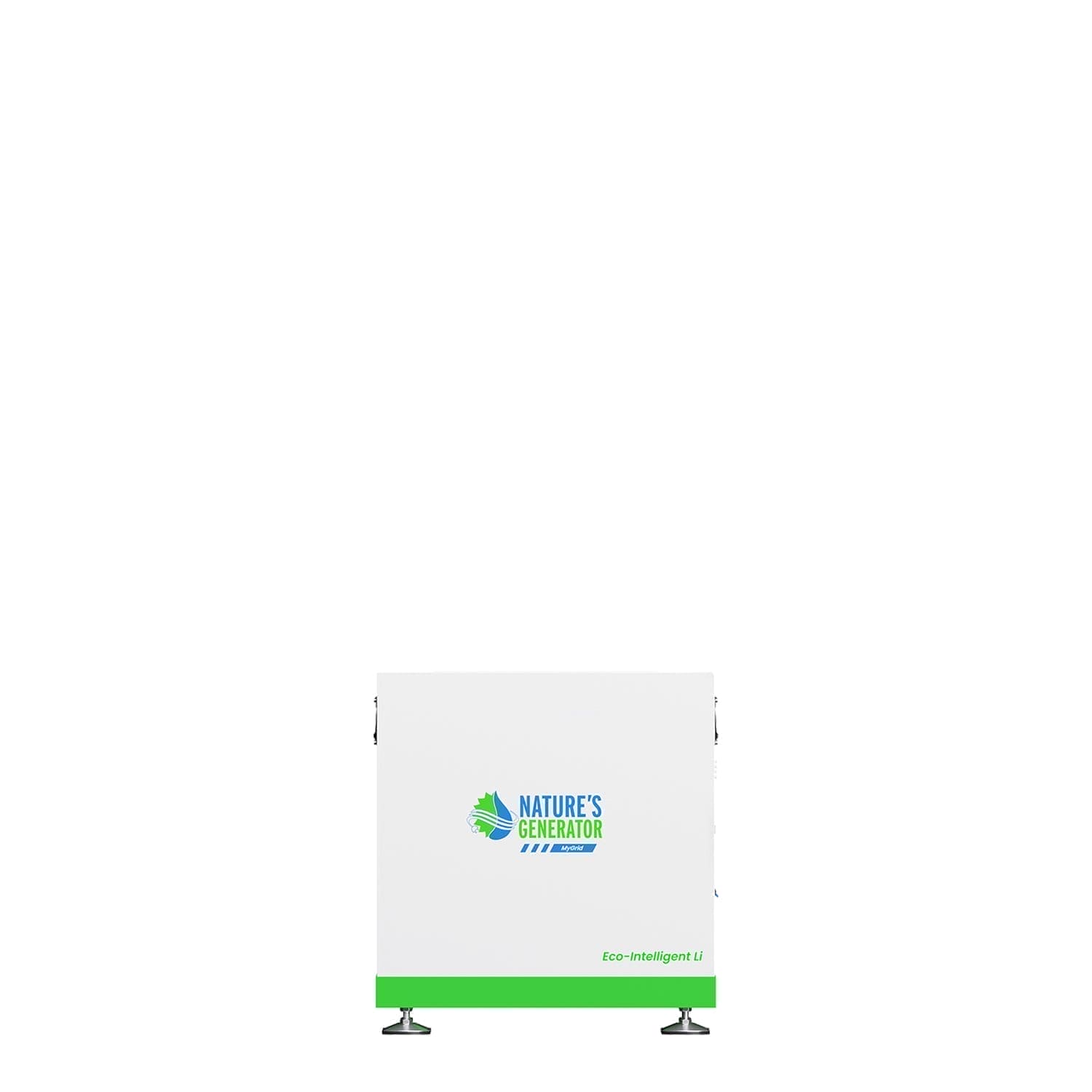A white rectangular Nature's Generator device with a green base and "Eco-Intelligent Li" label, featuring two adjustable feet, offers an off-grid energy solution and is displayed against a plain white background.