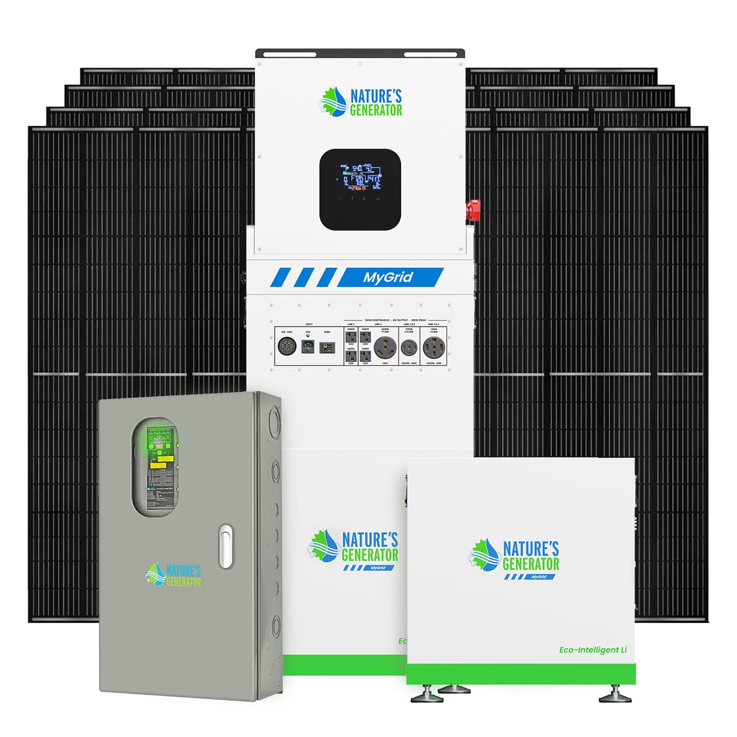 A Nature's Generator solar power system with black panels, a tall central control unit, a gray electrical box, and two white battery units delivers 10kW whole-home backup—all shown against a white background.