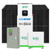 A Nature's Generator solar power system with black panels, a tall central control unit, a gray electrical box, and two white battery units delivers 10kW whole-home backup—all shown against a white background.