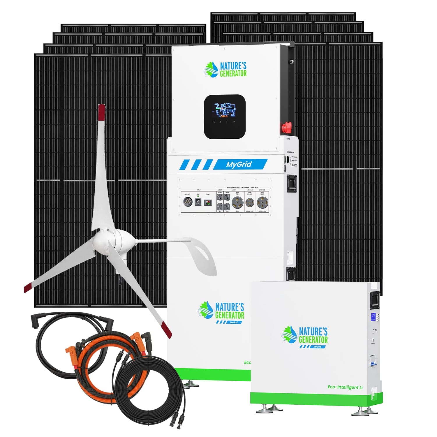 Nature's Generator renewable energy system includes a solar and wind generator, cables, large MyGrid control unit, and extra white LiFePO4 battery—ideal for whole-home backup power.