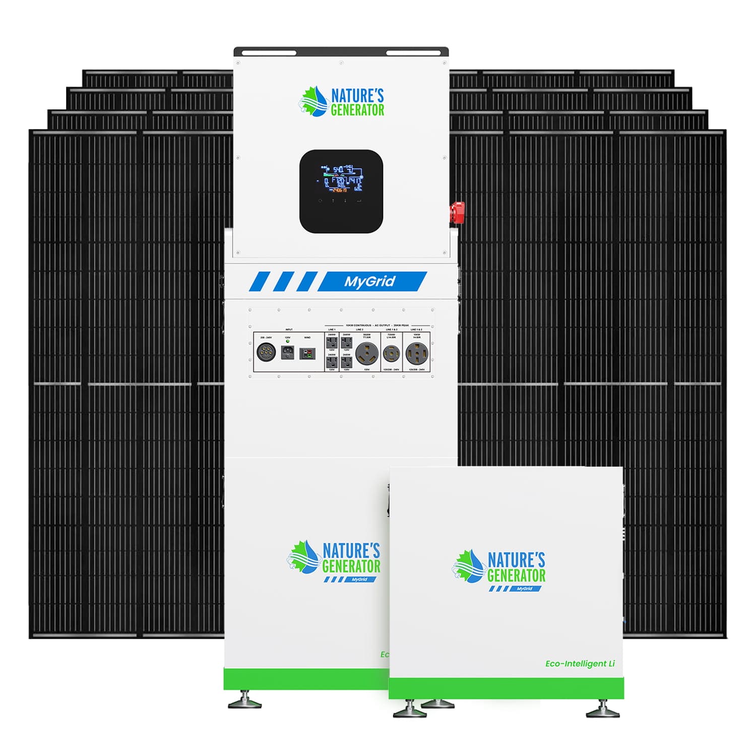 A large white 10kW Nature's Generator MyGrid stands before several black solar panels, with two smaller white Eco-Intelligent Li units featuring LiFePO4 Battery technology placed beside it.