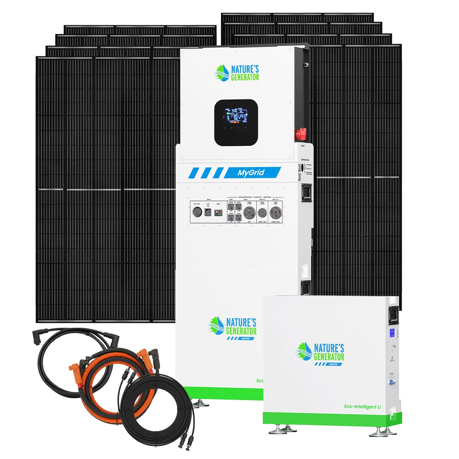 Nature's Generator solar power kit includes black solar panels, a tall white MyGrid power unit, a compact Eco-Intelligent LiFePO4 battery, and orange-black cables—delivering reliable whole-home backup power.