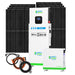 Nature's Generator solar power kit includes black solar panels, a tall white MyGrid power unit, a compact Eco-Intelligent LiFePO4 battery, and orange-black cables—delivering reliable whole-home backup power.