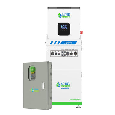 The Nature's Generator MyGrid Power Station is a white 10kW unit with multiple ports, switches, and a gray "Eco-intelligent Li" battery, creating an expandable whole home backup system.