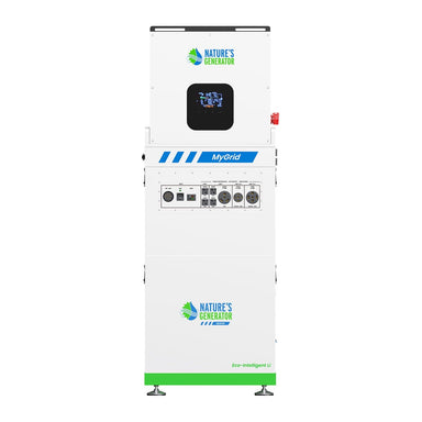 A tall, white Nature's Generator unit with LiFePO4 battery, digital display, multiple outlets and ports, green/blue branding, and a red button on top right—ideal for expandable energy systems.