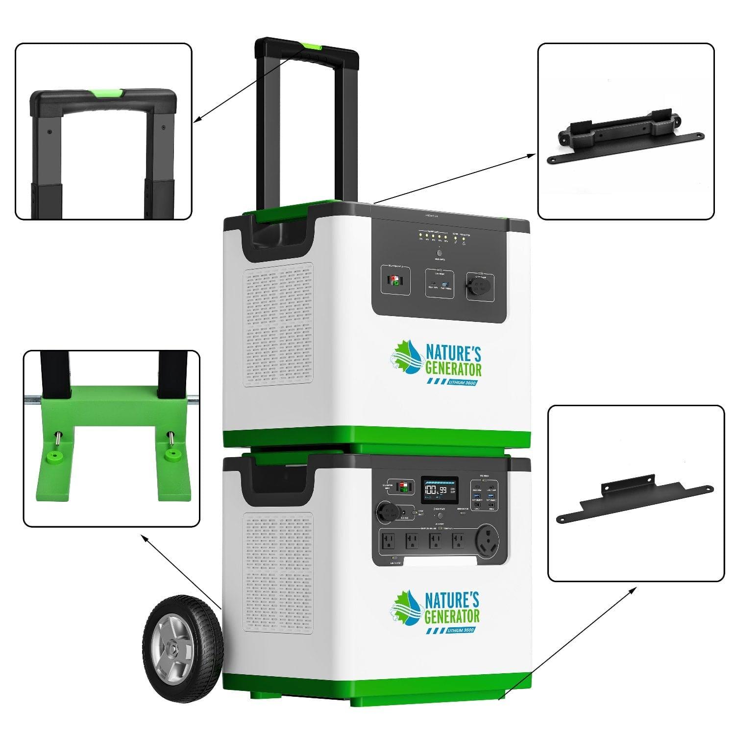 A white and green Nature's Generator Lithium 3600 power station cart with wheels and extending handle, shown stacked with another unit. Insets highlight the handle, wheel, corner brackets, and mounting hardware.