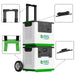 A white and green Nature's Generator Lithium 3600 power station cart with wheels and extending handle, shown stacked with another unit. Insets highlight the handle, wheel, corner brackets, and mounting hardware.