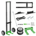 A foldable black and green heavy-duty transport cart by Nature's Generator features two large wheels, extra components, hardware, brackets, two spare wheels, and tools arranged separately beside the main frame.