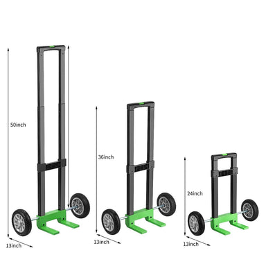Three green and black Nature's Generator hand trucks are side by side with handle heights of 50, 36, and 24 inches—each features two large wheels and a 13-inch-wide base, ideal for heavy-duty transport or as stackable power station carts.