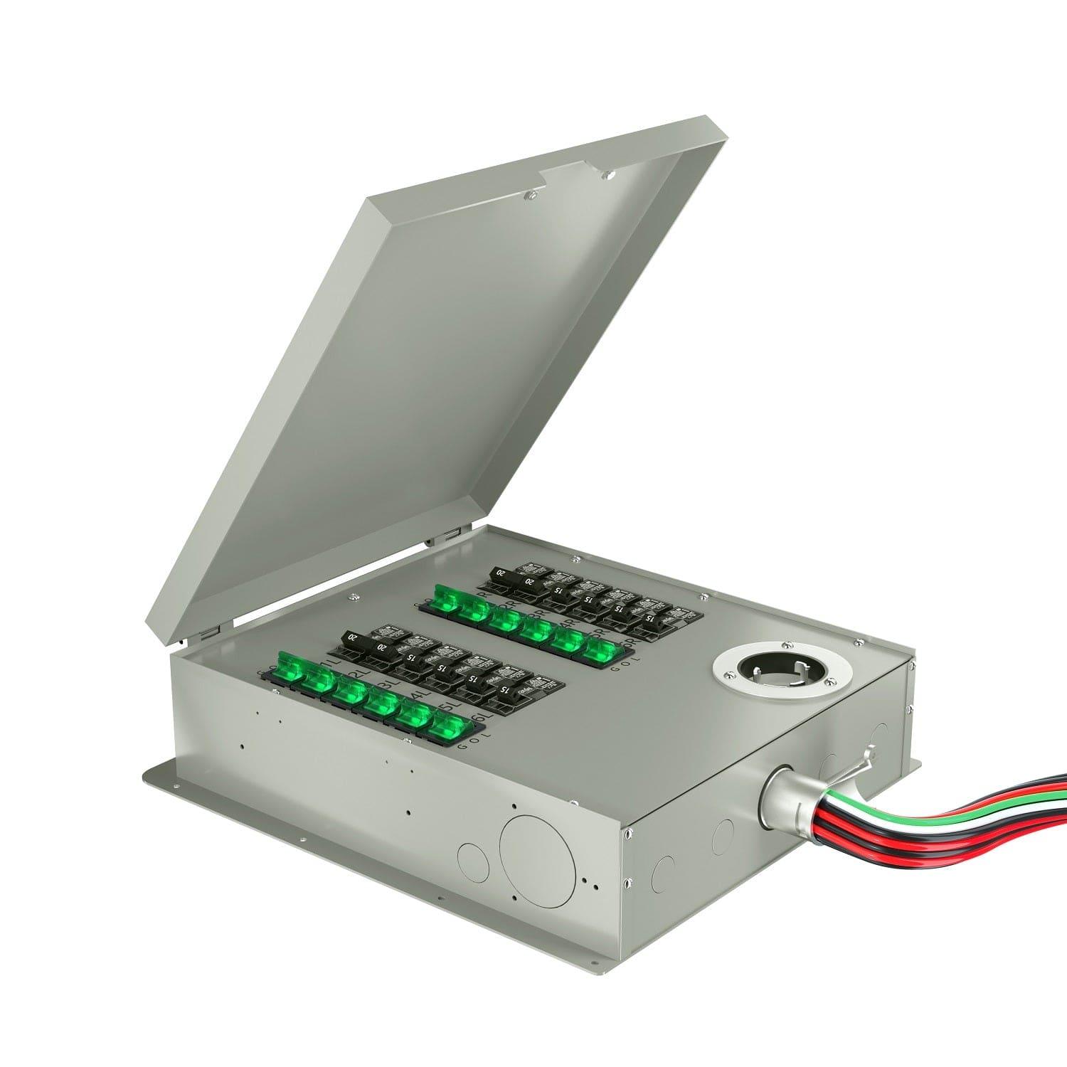 A Nature's Generator metal electrical box with an open lid houses a 12 circuit transfer switch with multiple breakers, green indicator lights, and multicolored wires extending from the side.