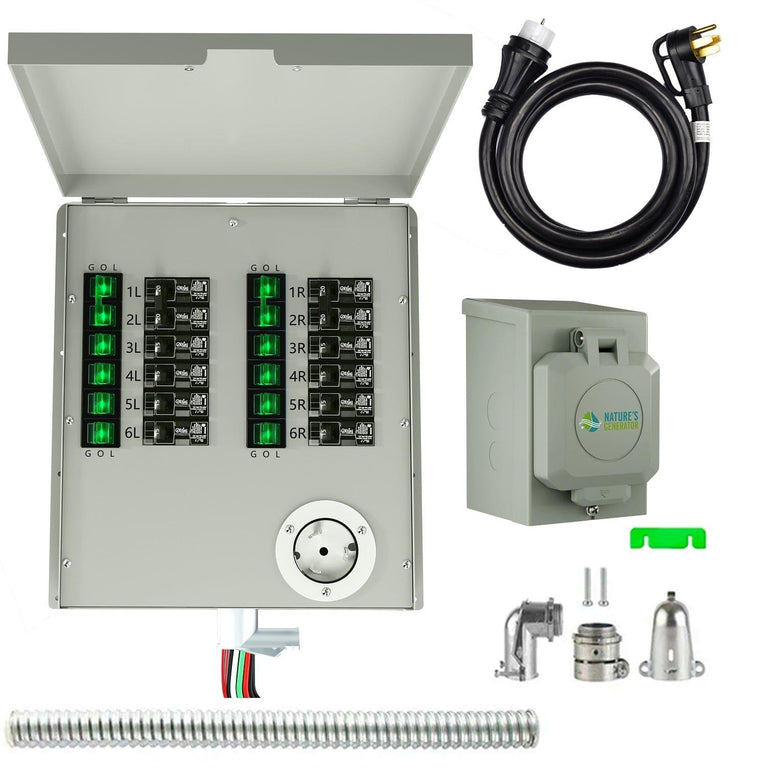 A gray Nature's Generator transfer panel with green-labeled breakers, assorted cables, power inlet box, black cord, metal conduit, and electrical connectors—perfect for use with a generator and transfer switch—shown on a white background.