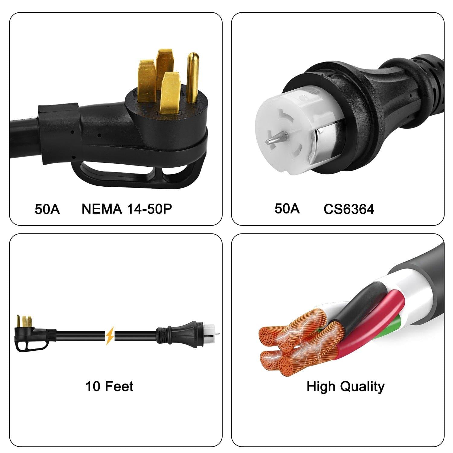 Four labeled images display a Nature's Generator 50A NEMA 14-50P plug, 50A CS6364 connector, 10-foot power cable, and a close-up of internal wires marked "High Quality"—perfect for transfer switch or generator use.