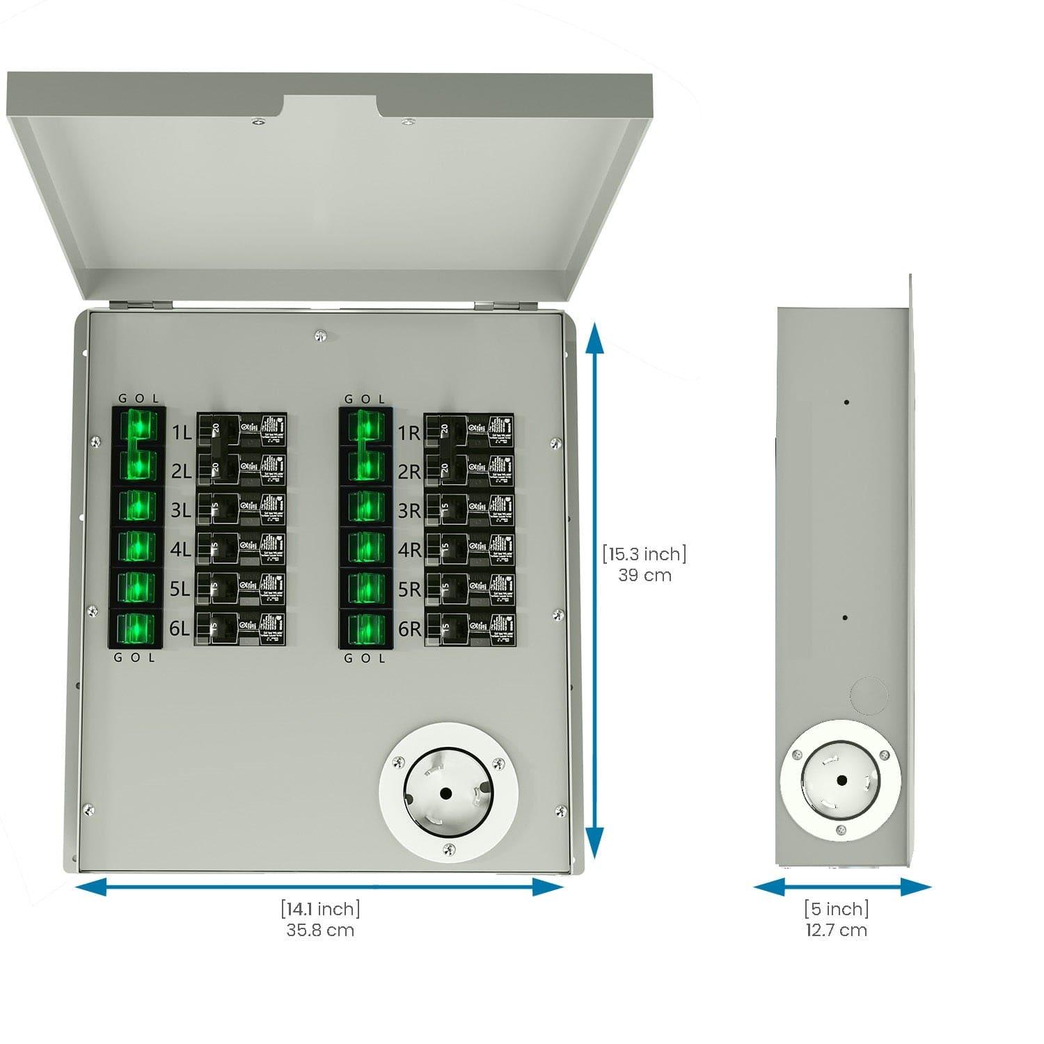 A Nature's Generator metal 12-circuit transfer switch panel, rated for up to 50 amps, has an open lid revealing 12 labeled switches with green indicator lights. It measures 15.3" H x 14.1" W x 5" D.