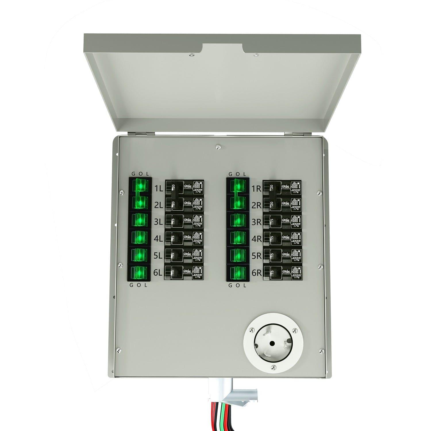 A Nature's Generator metal control panel box, lid open, displays two rows of 12 labeled breakers, green indicator lights, and a wiring harness—perfect for use as a 50 amp transfer switch.