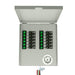 A Nature's Generator metal control panel box, lid open, displays two rows of 12 labeled breakers, green indicator lights, and a wiring harness—perfect for use as a 50 amp transfer switch.