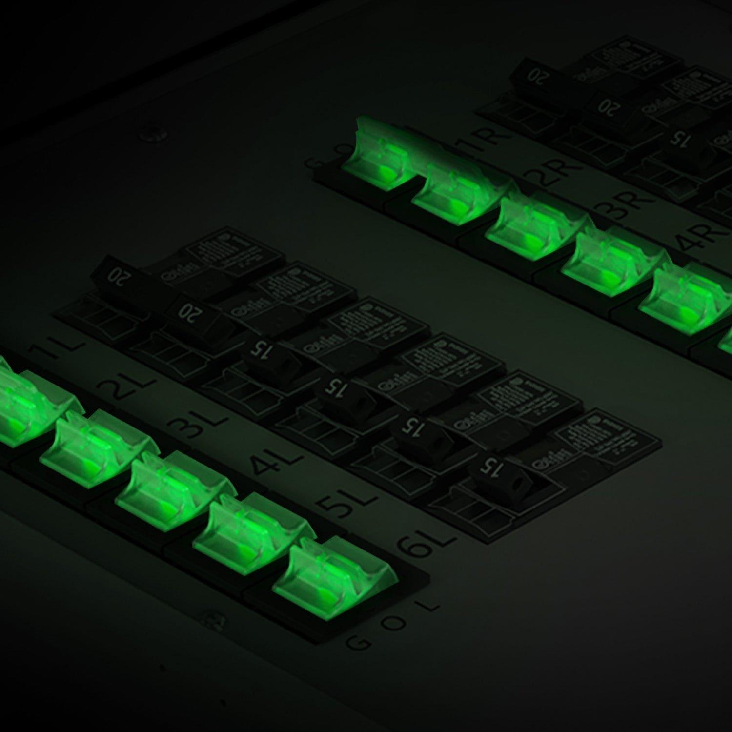 A close-up of a Nature's Generator 12-circuit electrical panel shows several black switches with green indicator lights and a labeled 50 amp transfer switch, all appearing to be in the "on" position.