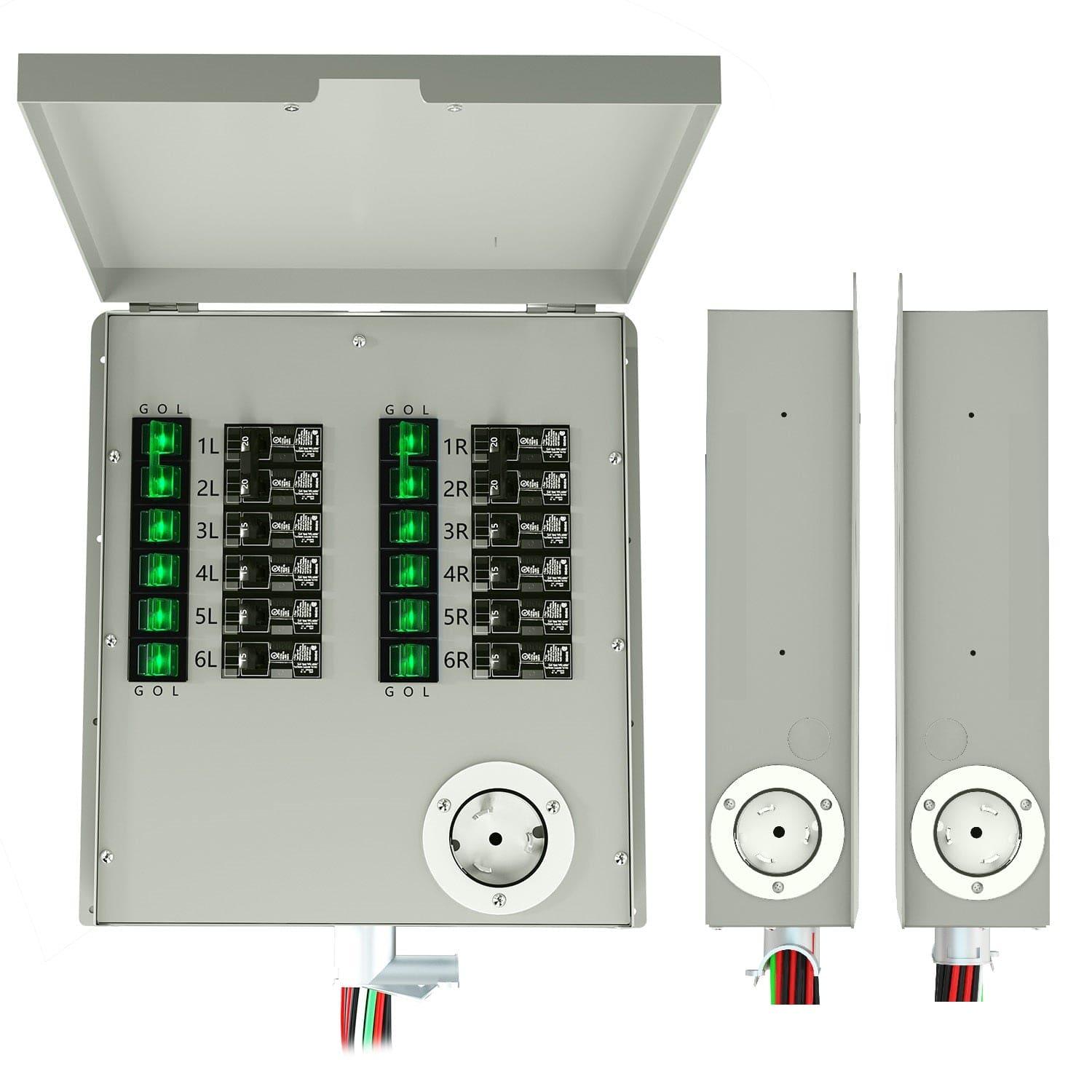 A Nature's Generator metal control panel with open lid displays labeled switches and indicator lights, flanked by two rectangular side units featuring wiring, a circular connector port, and compatibility with a 12-circuit 50 amp transfer switch.