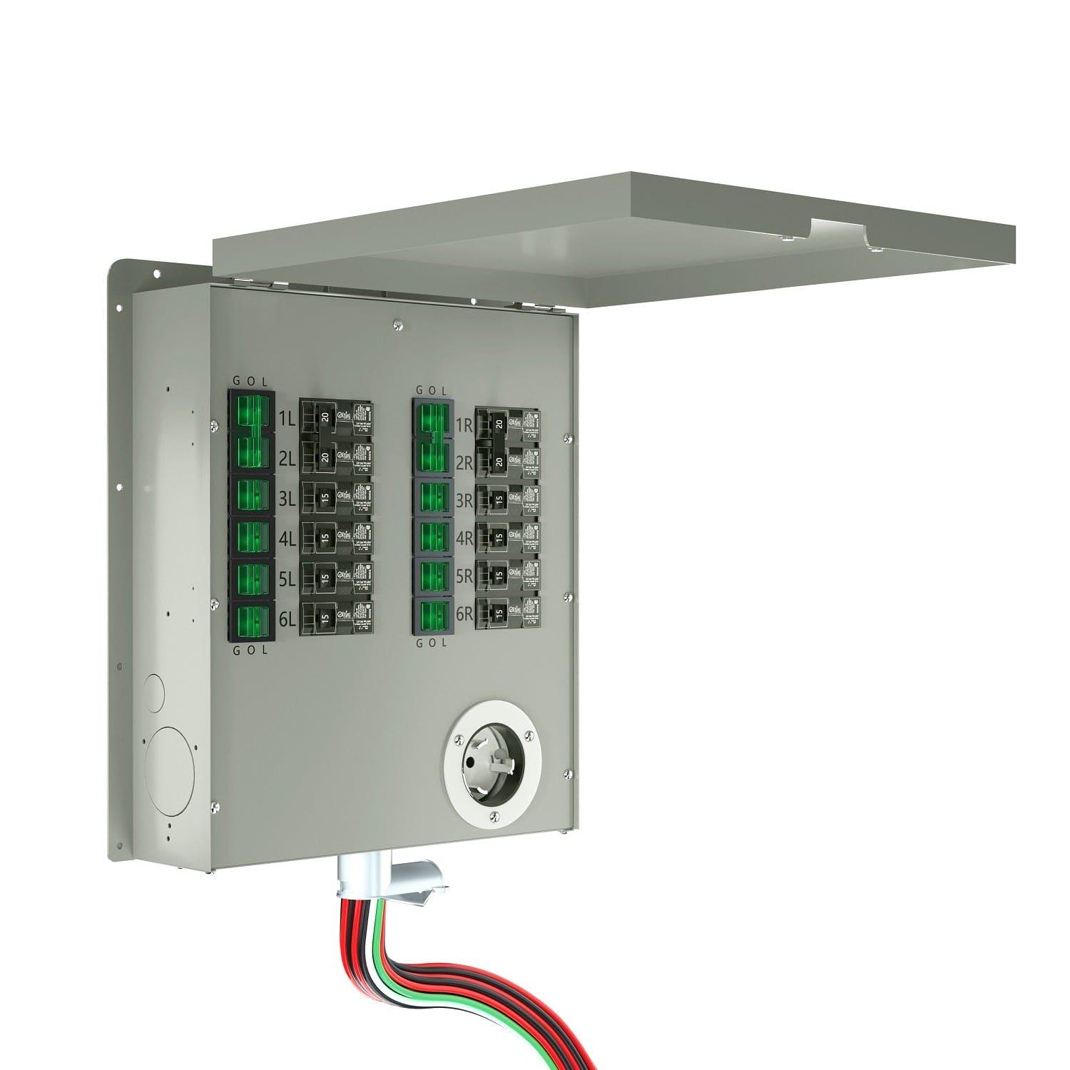 A Nature's Generator metal electrical panel with an open cover reveals labeled breakers, green lights, a circular connector, and multicolored wires—perfect as a 50 amp transfer switch or for a 12 circuit setup.