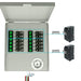 A Nature's Generator metal electrical panel with its lid open displays labeled circuit breakers inside. To the right, two upgradeable breakers (30 amp and 20 amp) are shown, along with a 12-circuit transfer switch and a 50 amp main breaker.