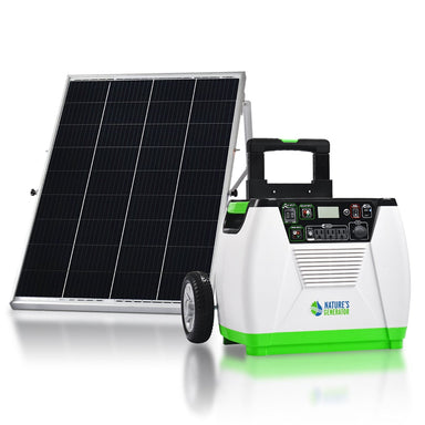 The Nature’s Generator 1800 watt portable solar generator with handle and wheels stands next to a solar panel. Its front panel has control buttons, ports, and a display, making it an eco-friendly backup power solution for your home.