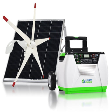 The Nature's Generator portable 1800 watt solar generator with wheels is displayed beside a solar panel and a white wind turbine with red tips. It offers an eco-friendly energy solution with front control buttons and a display screen.