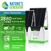 Promotional image for Nature's Generator portable power station, showing solar panels and generator with text: 2880 peak watts, 1440 running watts, solar/wind/AC charging, expandable system, and replaceable batteries by Nature's Generator.