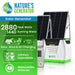 The Nature's Generator offers an eco-friendly energy solution with two solar panels, a control panel, 2880 peak watts, 1440 running watts, solar/wind/AC charging, and expandable batteries—ideal for home backup power.