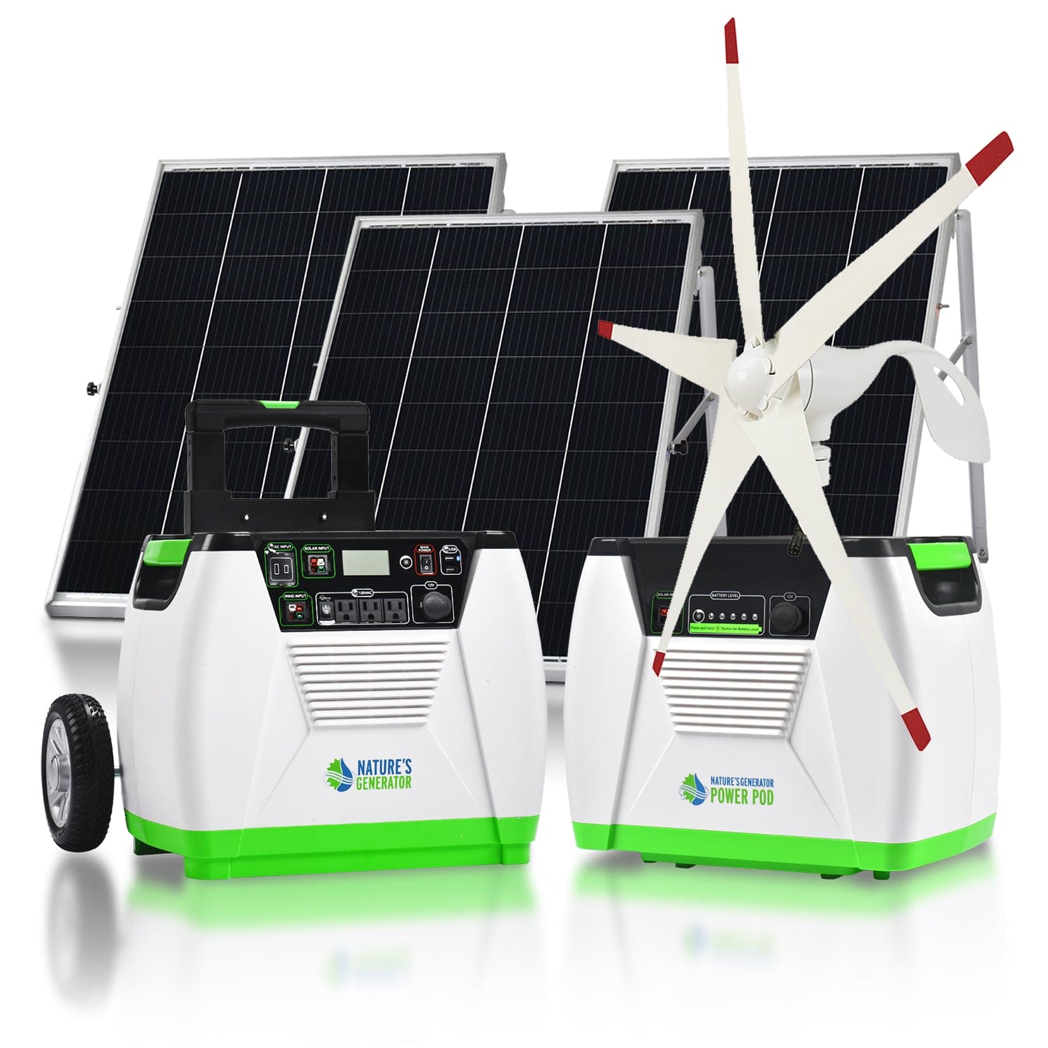 Two portable Nature's Generator 1800-watt solar generators are pictured with three solar panels and a small wind turbine. The eco-friendly system features white and green cases labeled “Nature’s Generator” and “Power Pod.”.