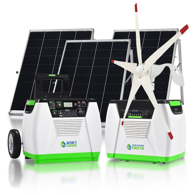 Two portable Nature's Generator 1800-watt solar generators are pictured with three solar panels and a small wind turbine. The eco-friendly system features white and green cases labeled “Nature’s Generator” and “Power Pod.”.