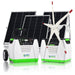 Two portable Nature's Generator 1800-watt solar generators are pictured with three solar panels and a small wind turbine. The eco-friendly system features white and green cases labeled “Nature’s Generator” and “Power Pod.”.