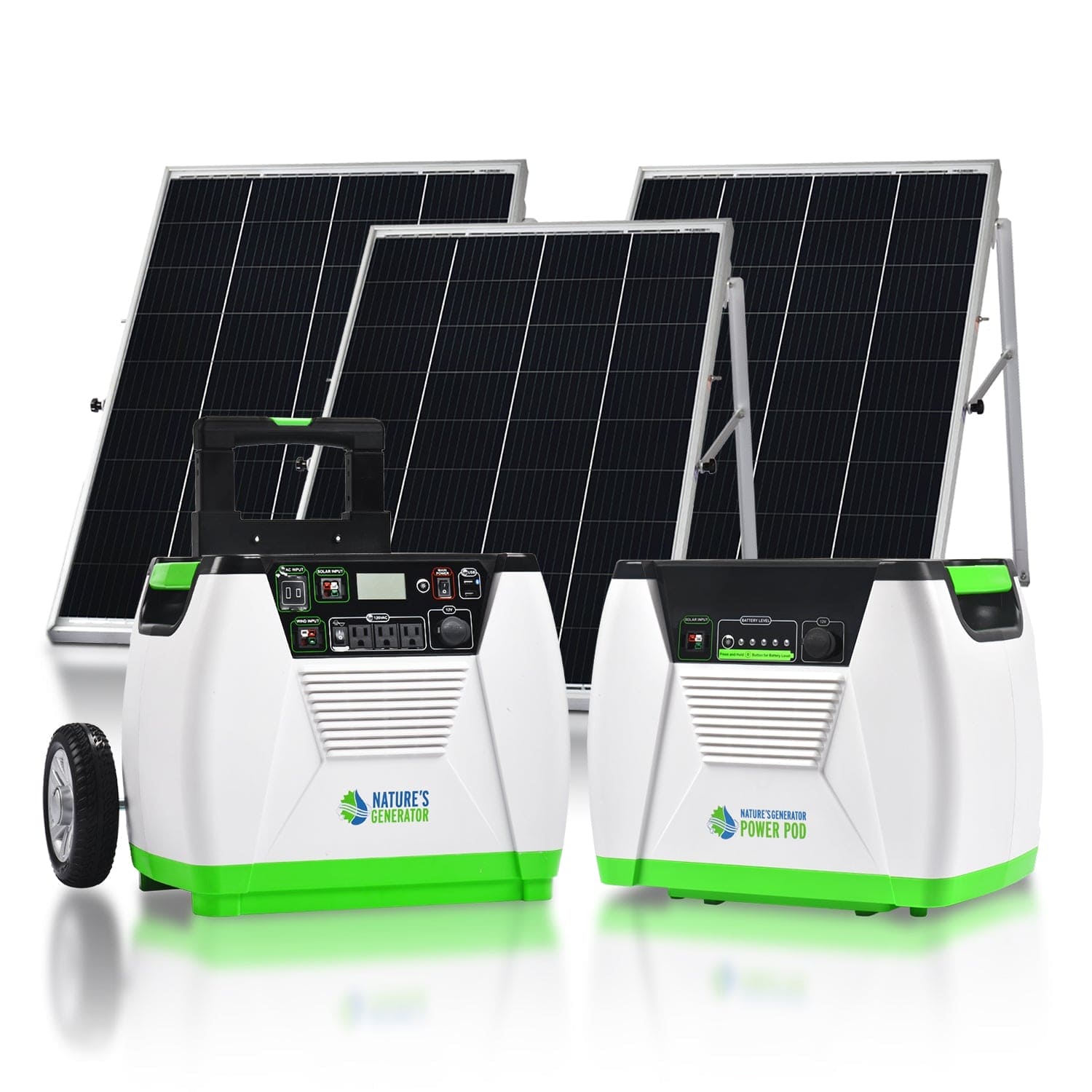 Two Nature's Generator portable solar generators—an 1800-watt unit with expandable battery and two upright solar panels—feature white bodies with green accents, digital panels, wheels, and handles for easy home backup power.
