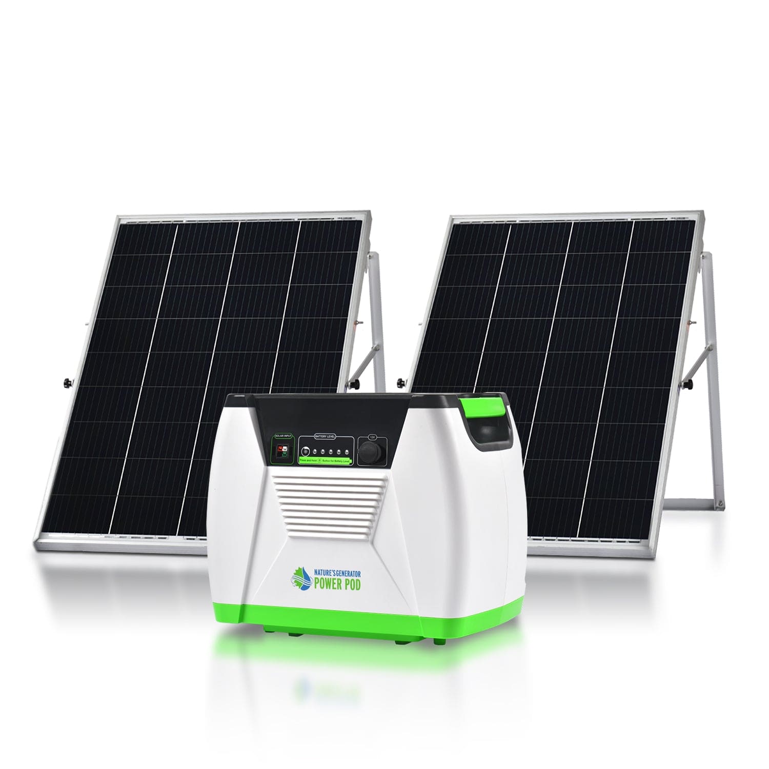 Two black solar panels on metal stands stand behind a white and green Nature's Generator unit with indicator lights and ports, all set against a plain white background. Brand: Nature's Generator.