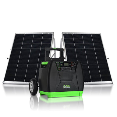 The Nature's Generator portable solar generator, equipped with a handle, wheels, and multiple front ports and buttons, is displayed before two standing solar panels. Perfect for home battery backup or off-grid power use. White background.