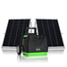 The Nature's Generator portable solar generator, equipped with a handle, wheels, and multiple front ports and buttons, is displayed before two standing solar panels. Perfect for home battery backup or off-grid power use. White background.