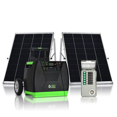 Nature's Generator portable solar generator kit features two solar panels, a wheeled black and green power station, and a gray control box—ideal for off-grid power—shown on a white background.