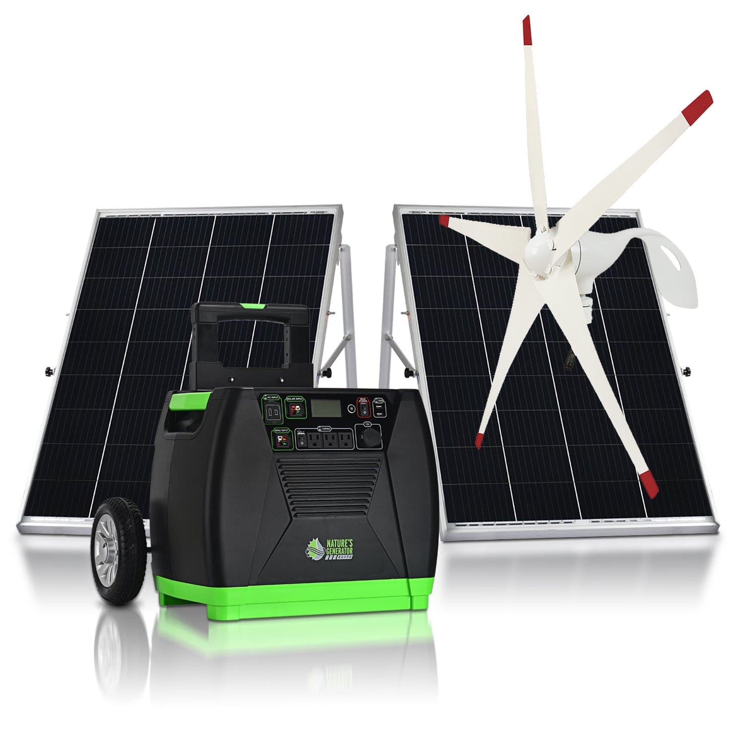 Nature’s Generator portable solar generator, featuring wheels and handle, is shown with two solar panels and a white wind turbine on a white background—perfect for off-grid use with multiple input/output ports.