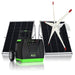 Nature’s Generator portable solar generator, featuring wheels and handle, is shown with two solar panels and a white wind turbine on a white background—perfect for off-grid use with multiple input/output ports.