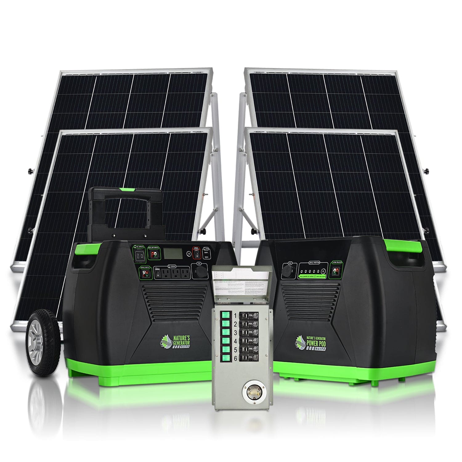 Two Nature's Generator portable solar generators with black and green casing sit in front of four large solar panels, offering an ideal off-grid solution. An electrical control panel with multiple switches and outlets is placed between the generators.