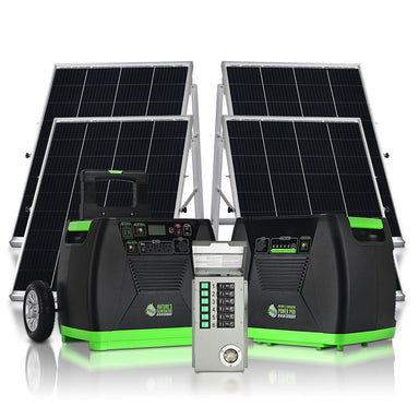 Two Nature's Generator portable solar generators with black and green casing sit in front of four large solar panels, offering an ideal off-grid solution. An electrical control panel with multiple switches and outlets is placed between the generators.