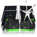Two black and green Nature's Generator portable solar generators sit before two solar panels and a compact white wind turbine with red tips, all on a white background. The units show ports and controls for home backup or off-grid use.