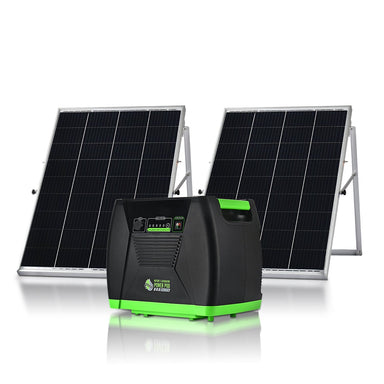 Two solar panels on stands are set behind a black and green Nature's Generator portable power station, which features control buttons and indicators on the front. All items are from Nature's Generator and displayed against a plain white background.