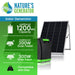 Promotional image for Nature’s Generator solar generator and panels, featuring 1200Wh capacity, 200W solar panel, 300W solar input, Elite system compatibility, plus power add-on options.