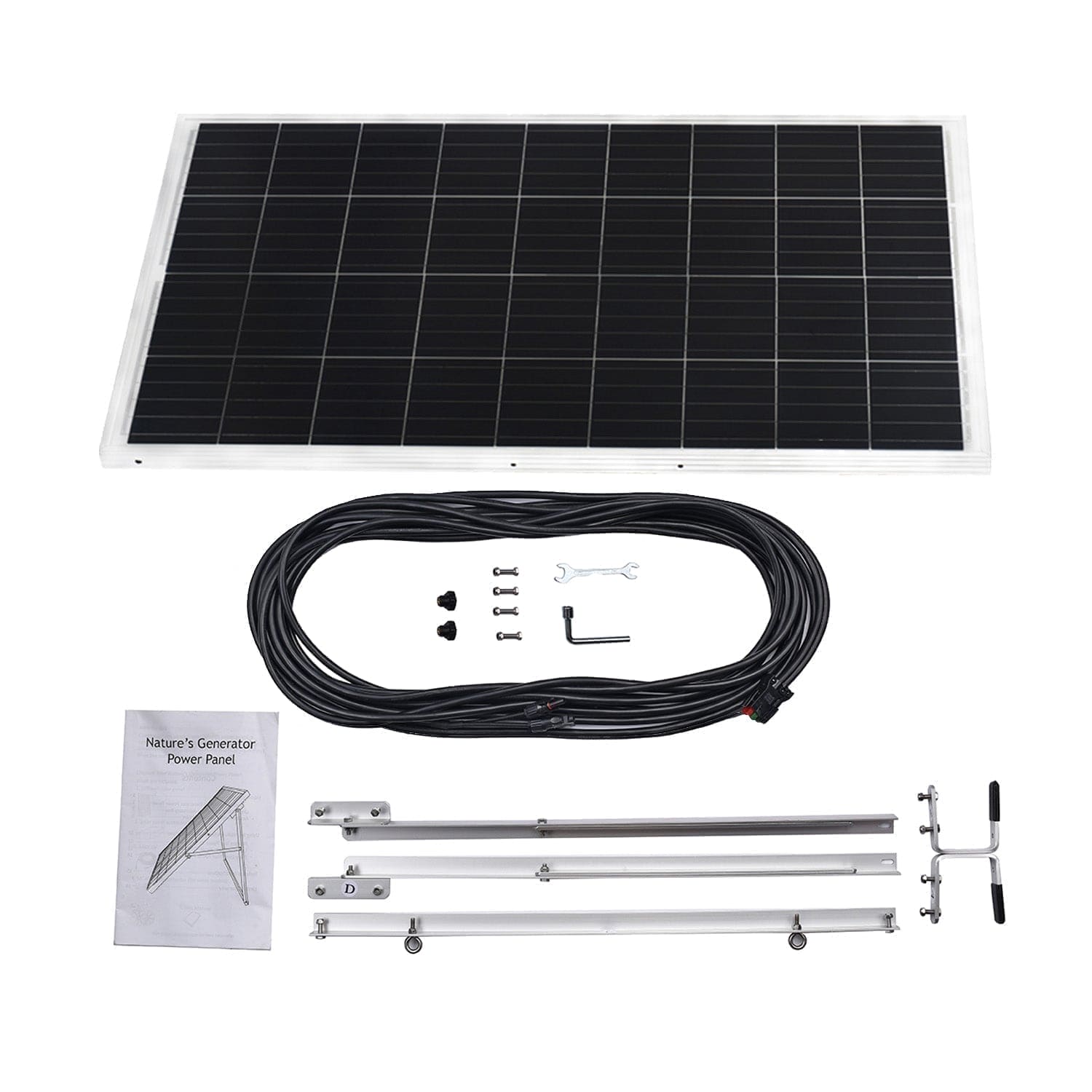 The Nature's Generator solar panel kit includes a rectangular panel, coiled black cable, hardware, two silver mounting brackets, support rods, an L-shaped tool, and manual—an eco-friendly energy solution for home battery backup systems.
