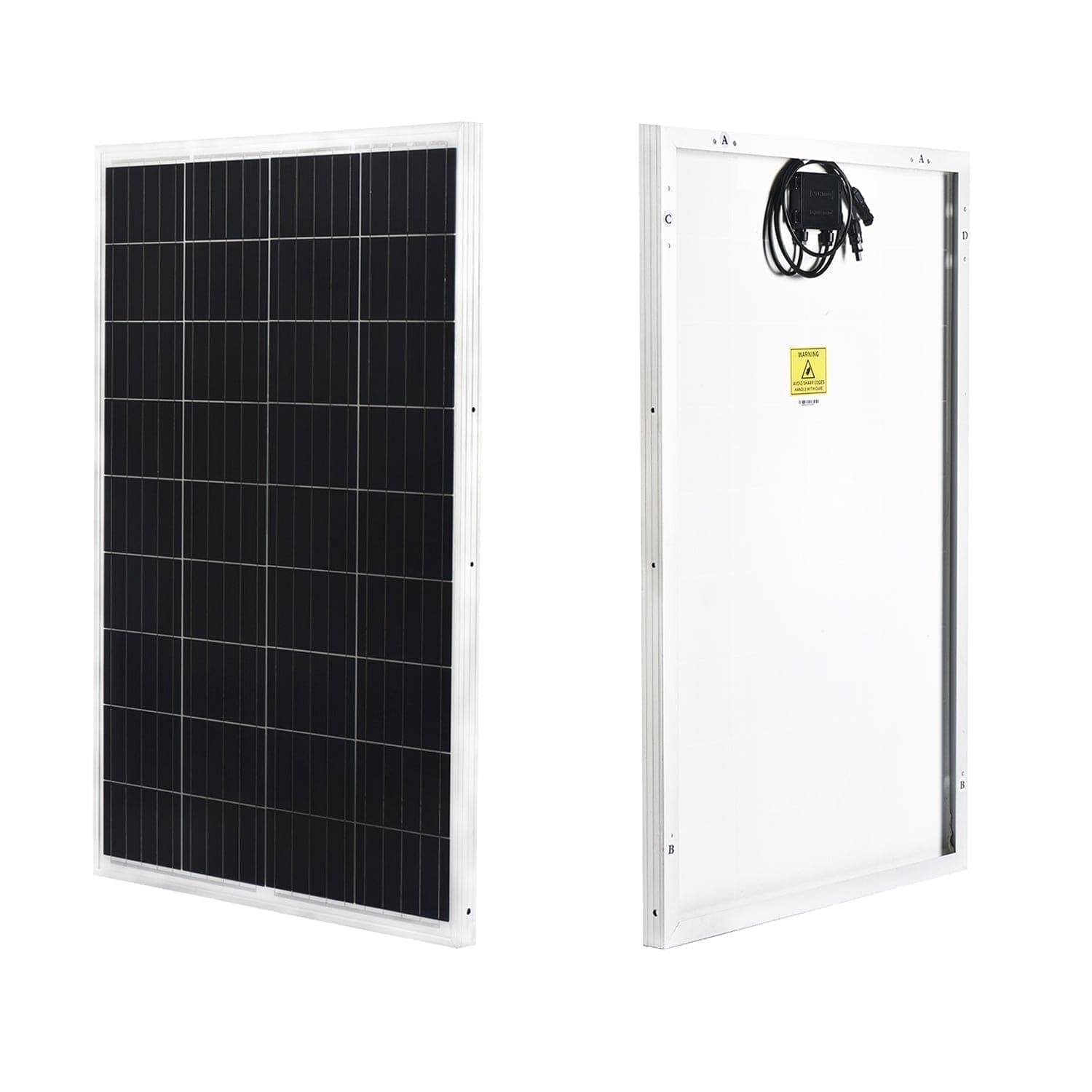 Two views of the Nature's Generator rectangular solar panel: the front displays dark grid-patterned cells; the back reveals wiring and connectors—perfect for off-grid use or pairing with a home battery backup for dependable solar power.