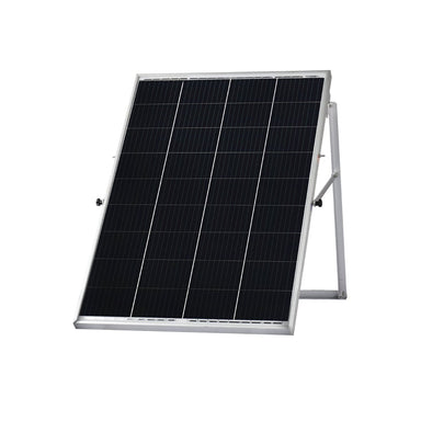 A Nature's Generator rectangular poly-crystalline solar panel with a black surface and grid lines is mounted on a metal frame stand, angled against a plain white background.