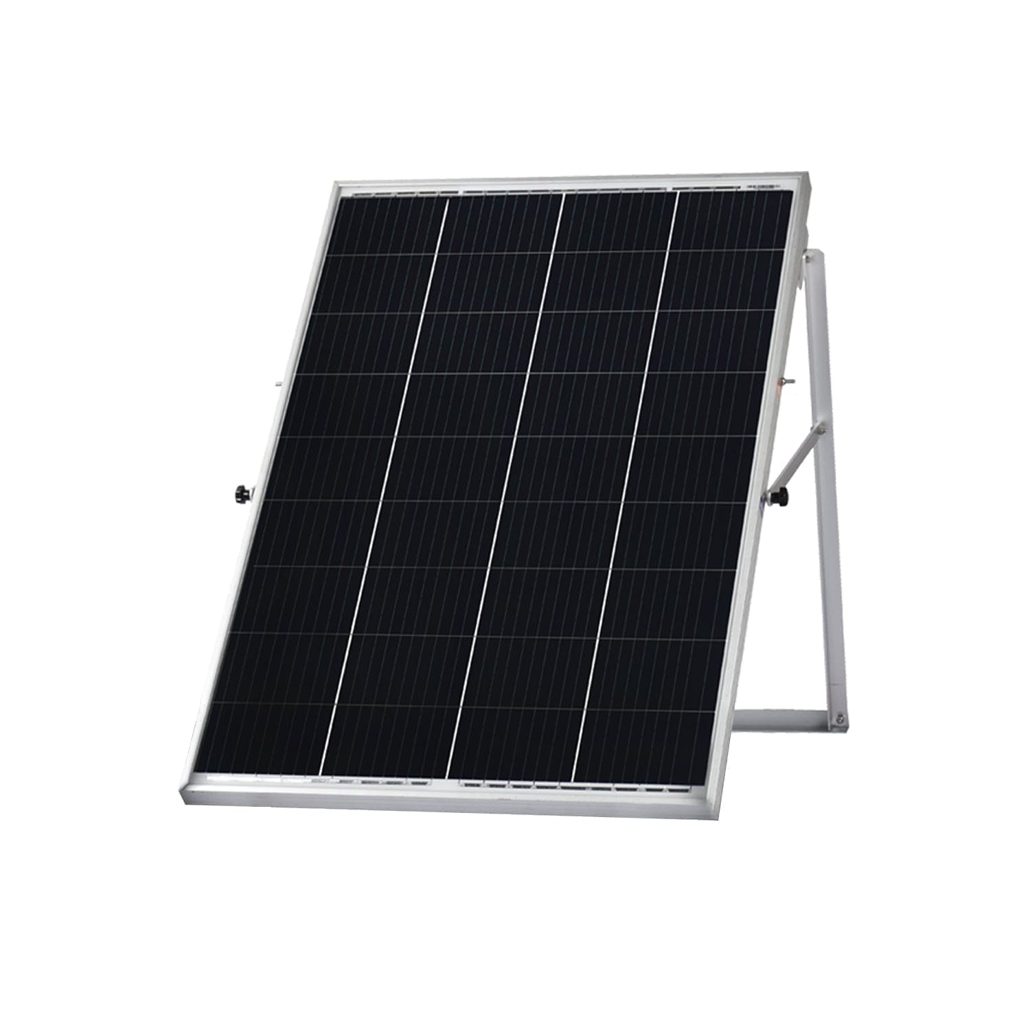 A single black Nature's Generator solar panel on a silver metal frame stand, angled against a white background—perfect for off-grid setups or use with a home battery backup.