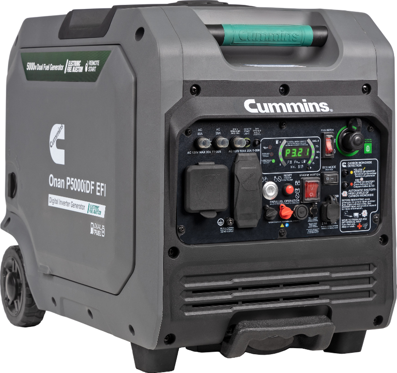 Cummins Onan P5000iDF EFI dual-fuel inverter generator front view